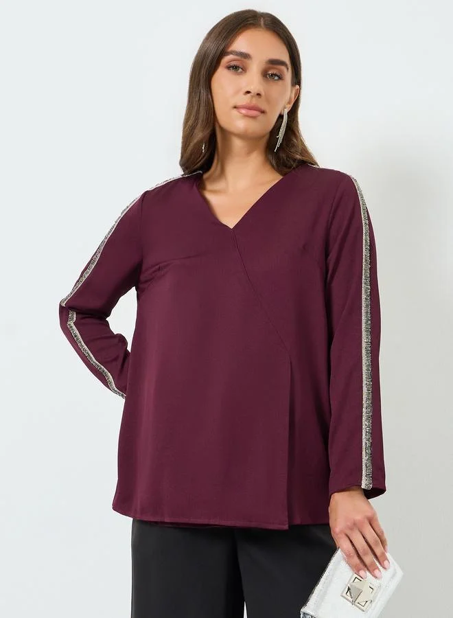Styli Women Burgundy Embellished Sleeve Blouse